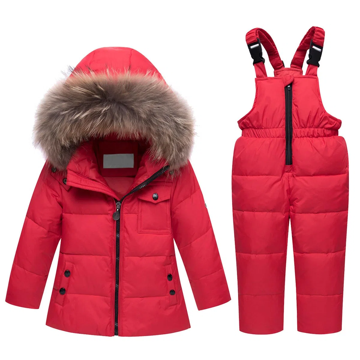 KHIRVWL Completo Sci Bambino 2 Pezzi Piumino Cappuccio Colletto in Peluche + Salopette Tuta da Sci Termica Inverno Calda Neve Antivento Tuta Invernale con Muta Sfoderabile Outdoor Softshell Snowboard