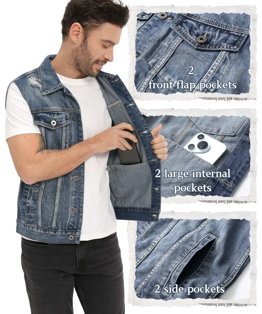 Gilet Smanicato in Jeans Uomo Gilet Vintage Strappato Denim Gilets Moto Cowboy Senza Maniche Casual Punk Biker Gilet