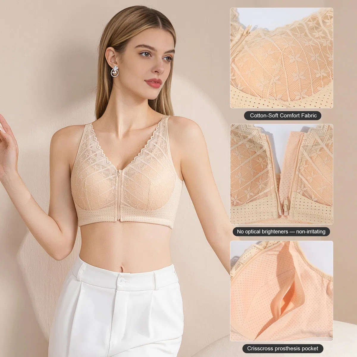 Lervanla Reggiseno per mastectomia con chiusura frontale, con cerniera, con tasca per protesi mammarie, reggiseni chirurgici quotidiani da donna