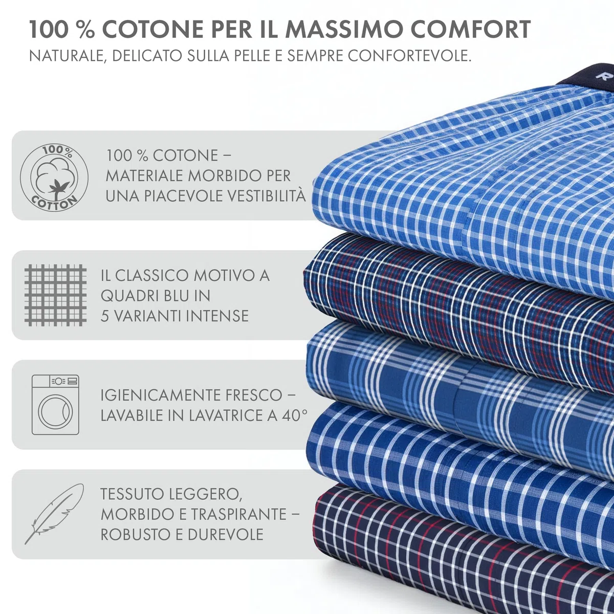 ROYALZ Boxer Uomo Cotone 100 per Cento (Confezione da 5 Pezzi) - Mutande Boxer Americani Uomo Larghi - Briefs Intimo con Motivo a Quadri Blu