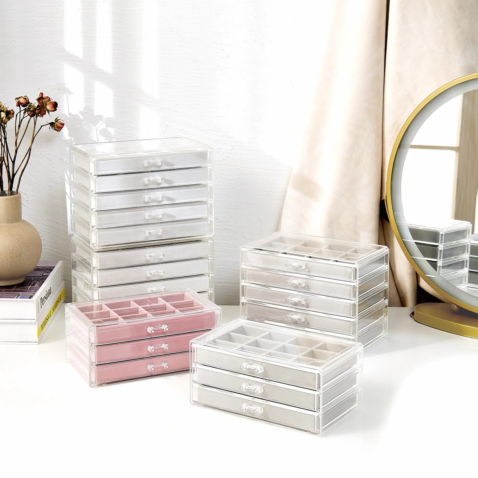 ProCase Organizer per gioielli in acrilico, trasparente per gioielli, con 5 cassetti, orecchini, collane, anelli, organizer per la casa -Bianco caldo