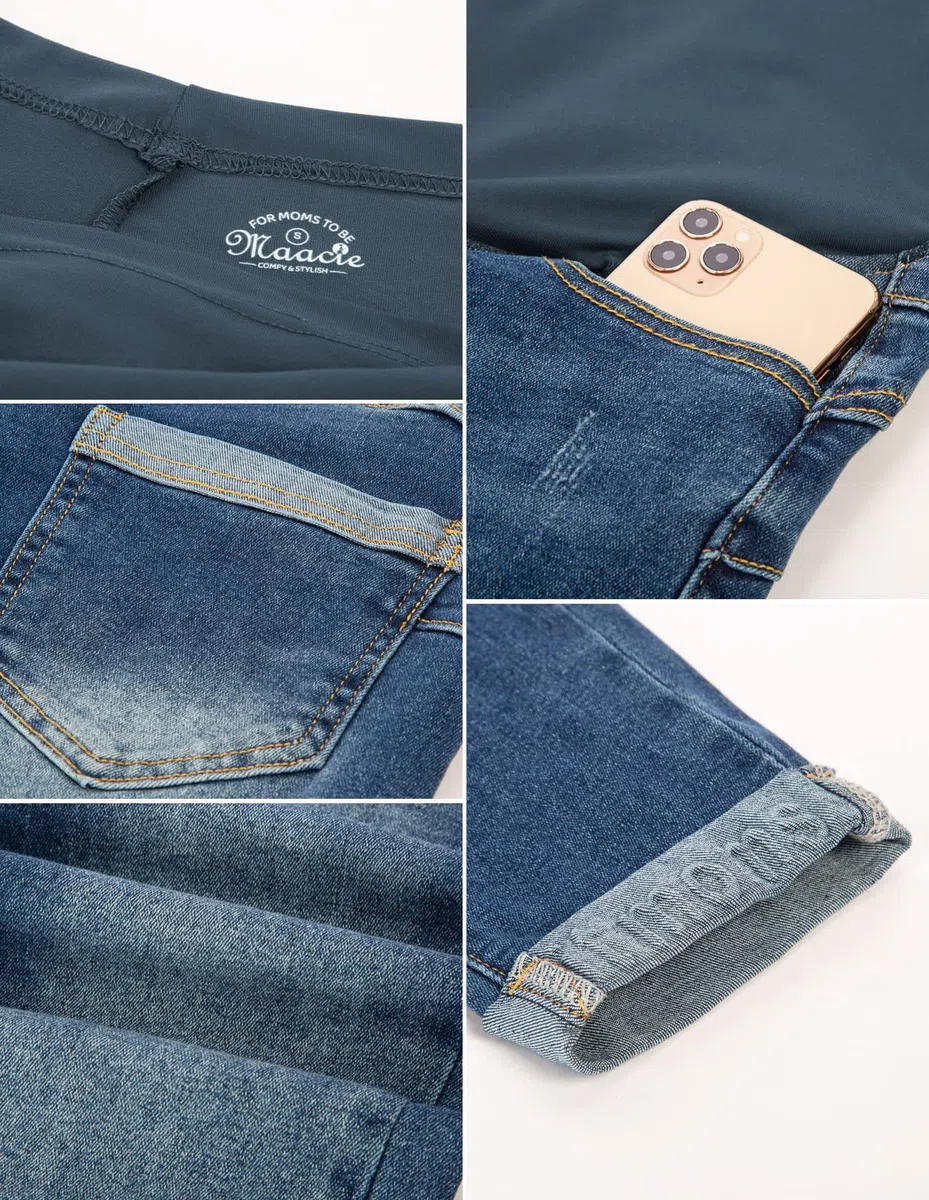 Maacie Pantaloni premaman lunghi elastici per gravidanza, comodi jeans primaverili estivi, Azzurro con orli arrotolati, S