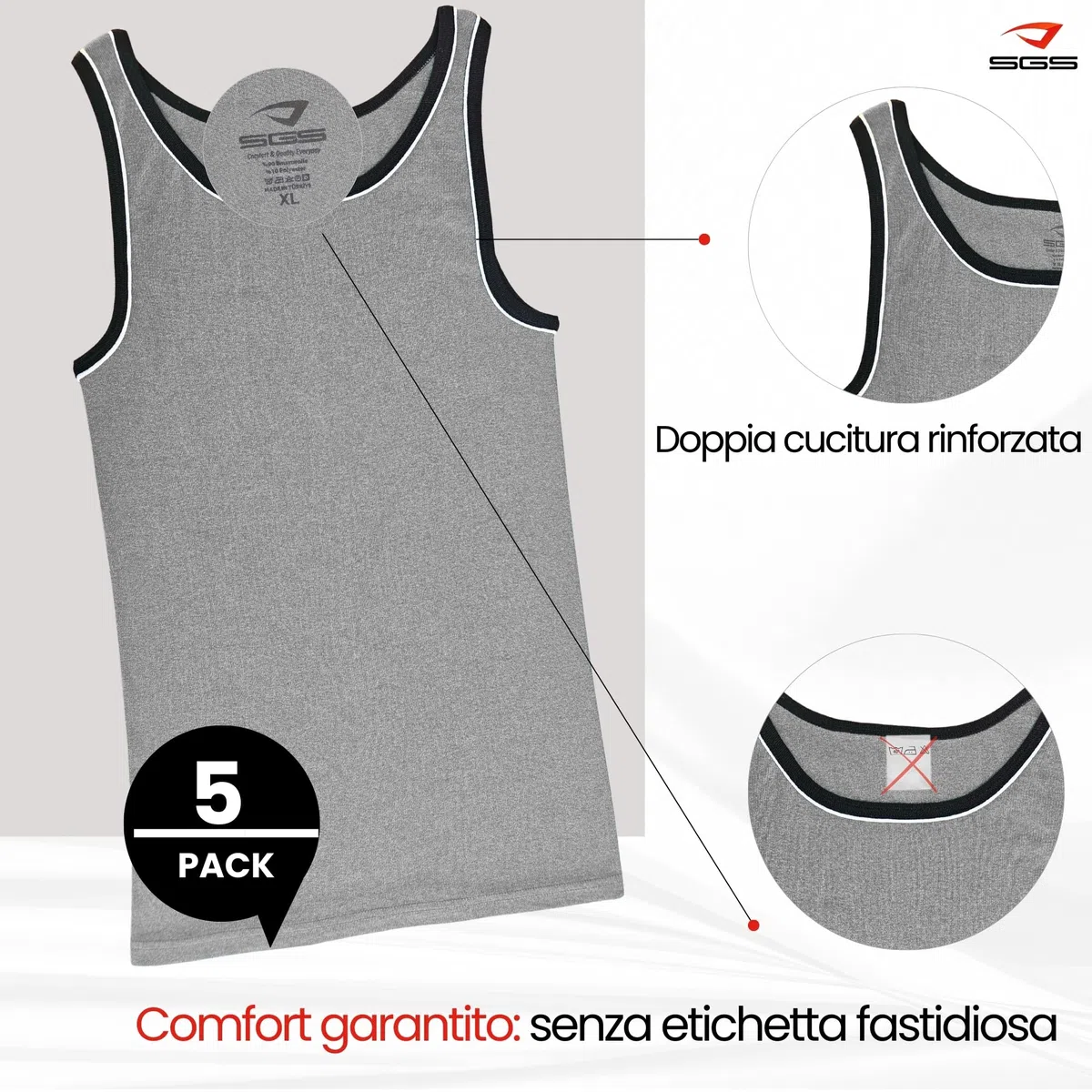 SGS Confezione da 5 Canottiere Uomo Cotone Extra Lungo +12cm - Magliette Intime o Canotte Sportive - Canotta Uomo a Costine S-6XL