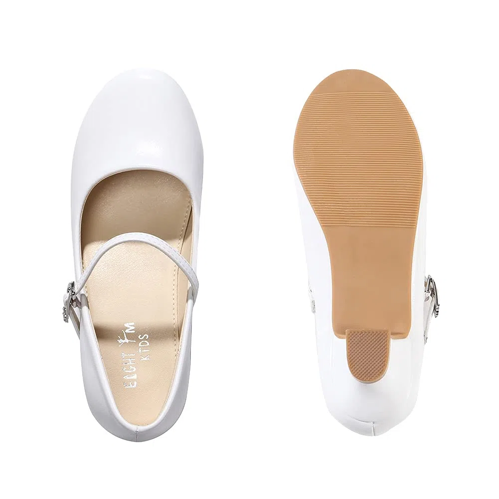 EIGHT KM Scarpe con Tacco Principessa Eleganti Lucente Comunione Cerimonia Ballerine Bambina Tacchi Ragazza EKM7015 Pelle Microfibra Athena Bianco