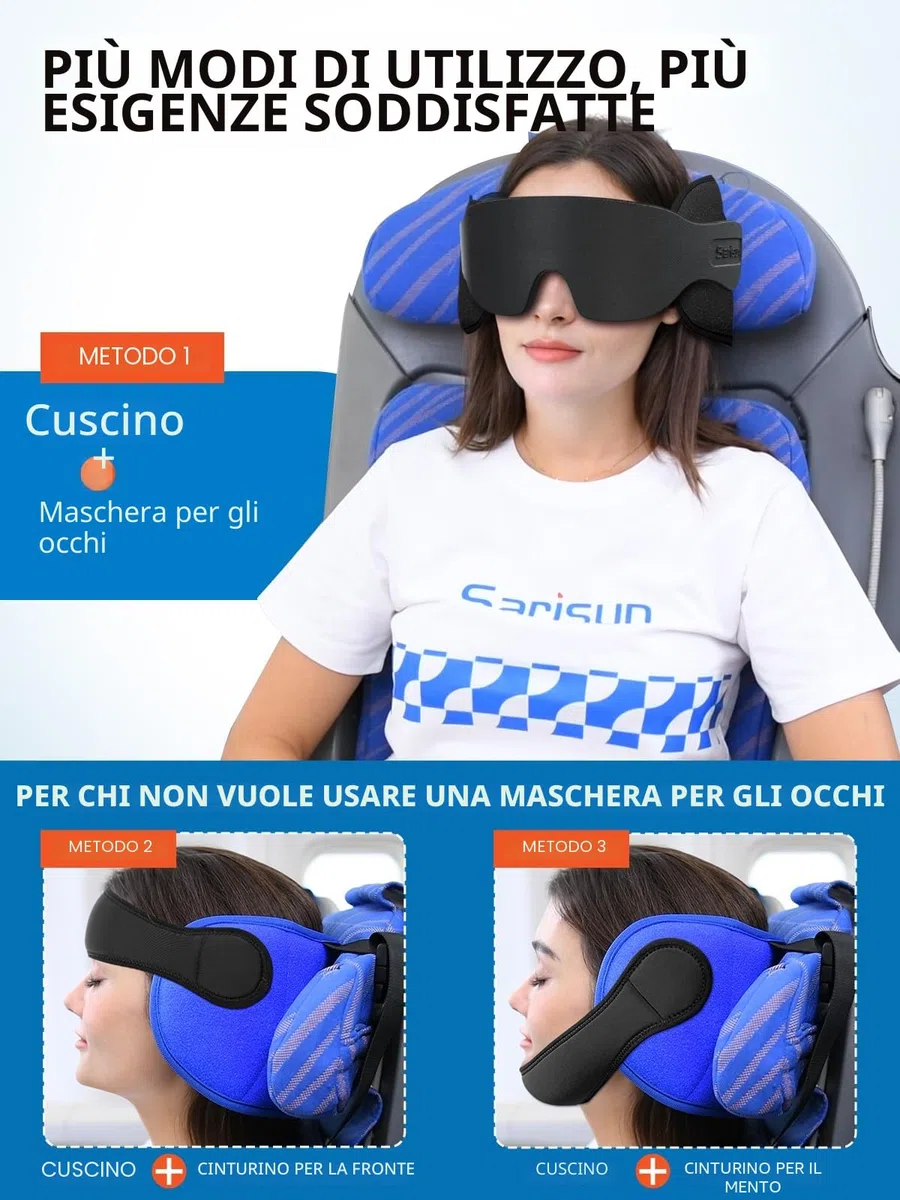 SARISUN Cuscino da Aereo, Cuscini da Viaggio per aerei con Maschera per Dormire, Cuscino da Aereo per voli Lunghi, Viaggio in Auto Poggiatesta, Stop Bobblehead, Combo con Cinturino per il Mento, Nero