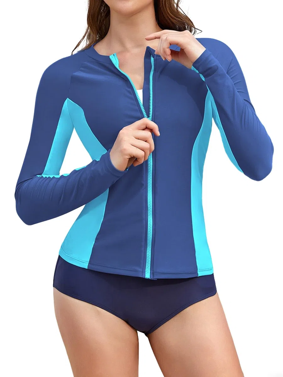 SHEKINI Maglietta rashguard da donna a maniche lunghe, UPF 50+, con cerniera, protezione UV, top sportivo da nuoto