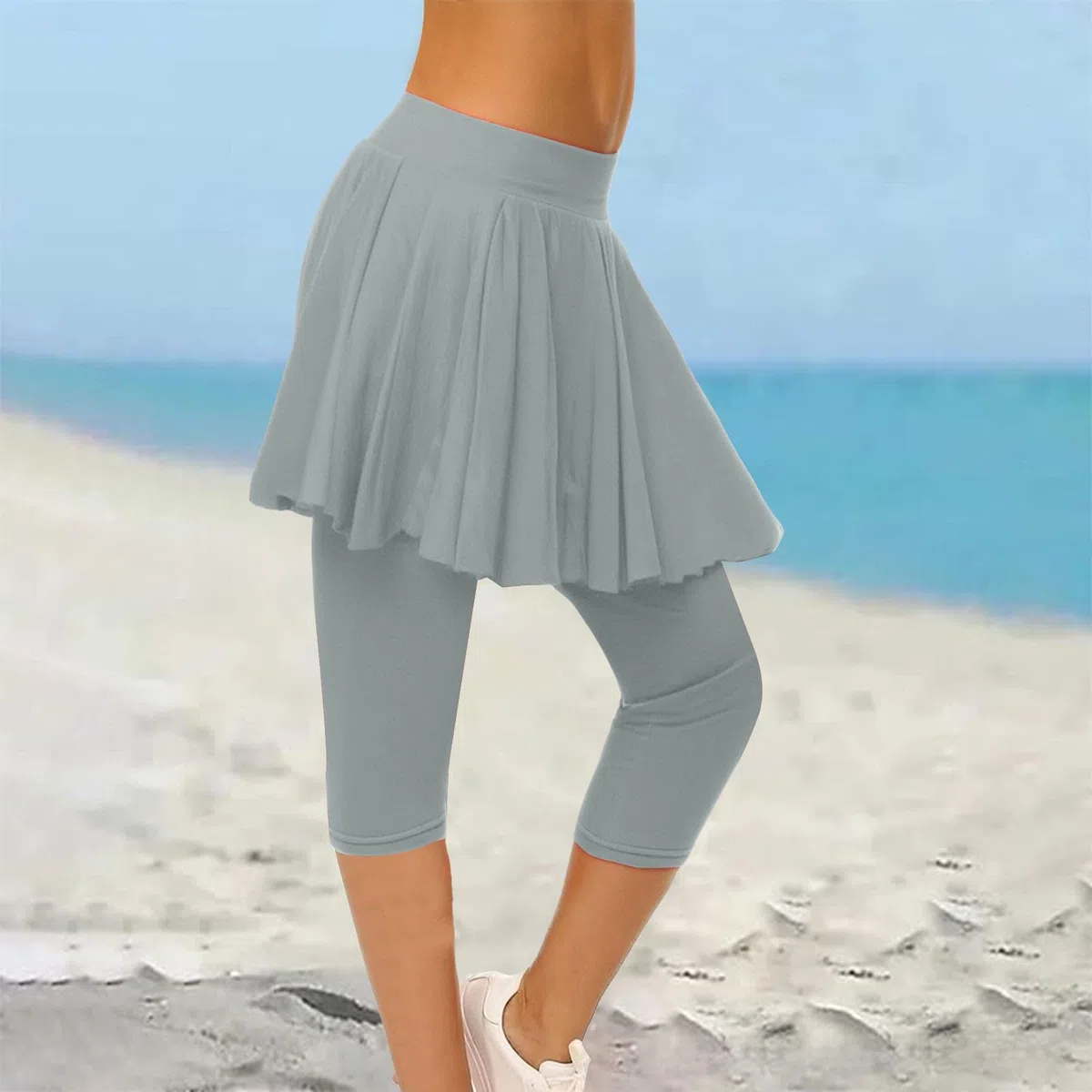 Skort sportivo da donna Skort da corsa a vita alta leggings con gonna gonne da tennis gonna da hockey aderente capris allenamento palestra 3/4 pantaloni da yoga, Grigio, L