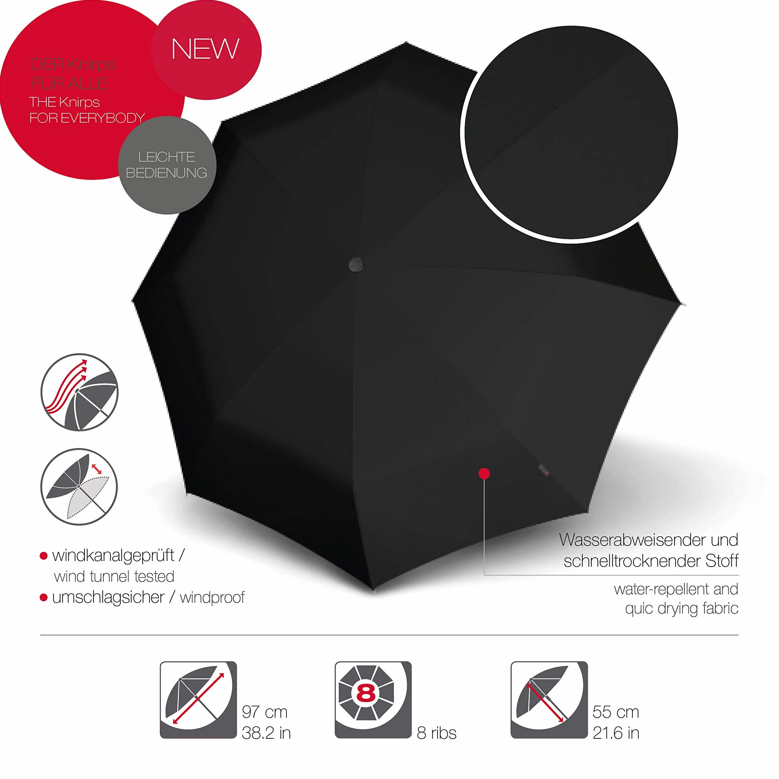 Knirps Ombrello tascabile A.200 Medium Duomatic – compatto e resistente alle intemperie – Canale del vento testato