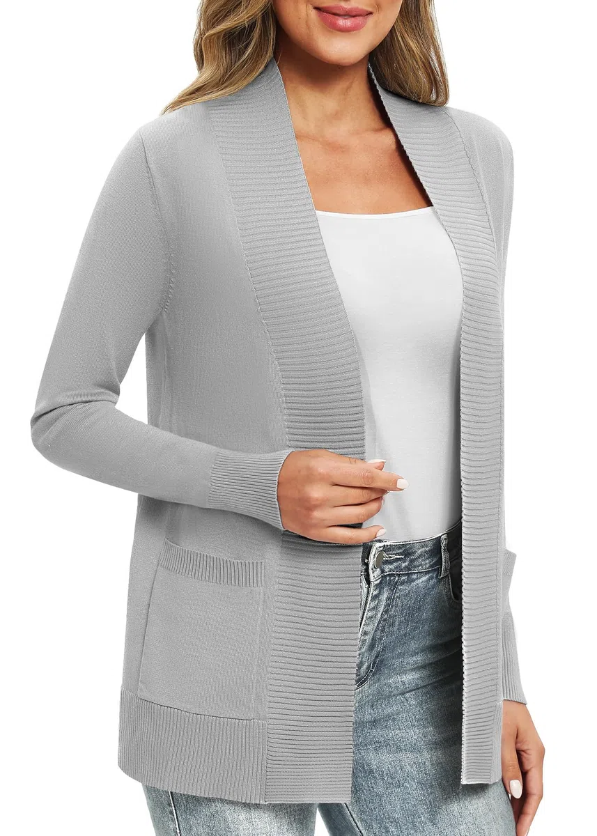 EXCHIC Donna Casuale Manica Lunga Lavorare a Maglia Cardigan Leggero Comodo Fronte Aperto Maglioni Lunghi con Tasche
