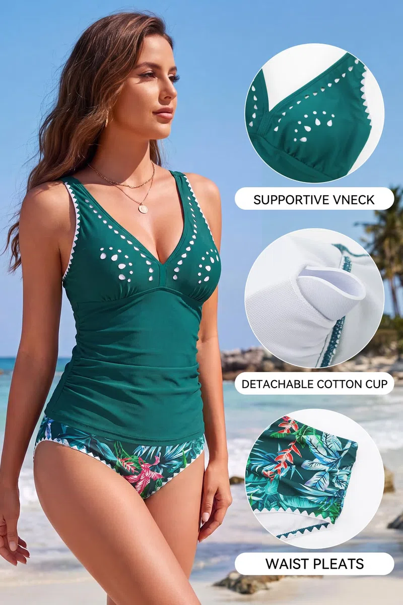 SHEKINI Costume da bagno da donna, tankini con scollo a V, costume da bagno push up, costume da bagno estivo in due pezzi con pantaloncini da bagno