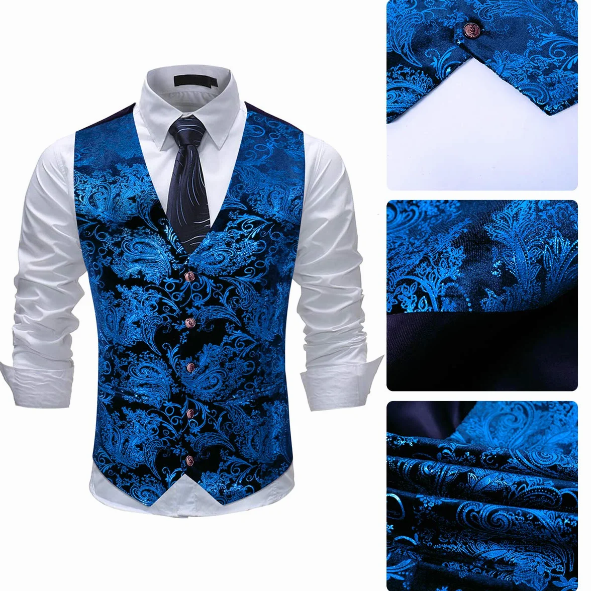 Mens Paisley Jacquard Suit Gilet Monopetto Vest Slim Fit Button Down Prom Abito Formale Gilet