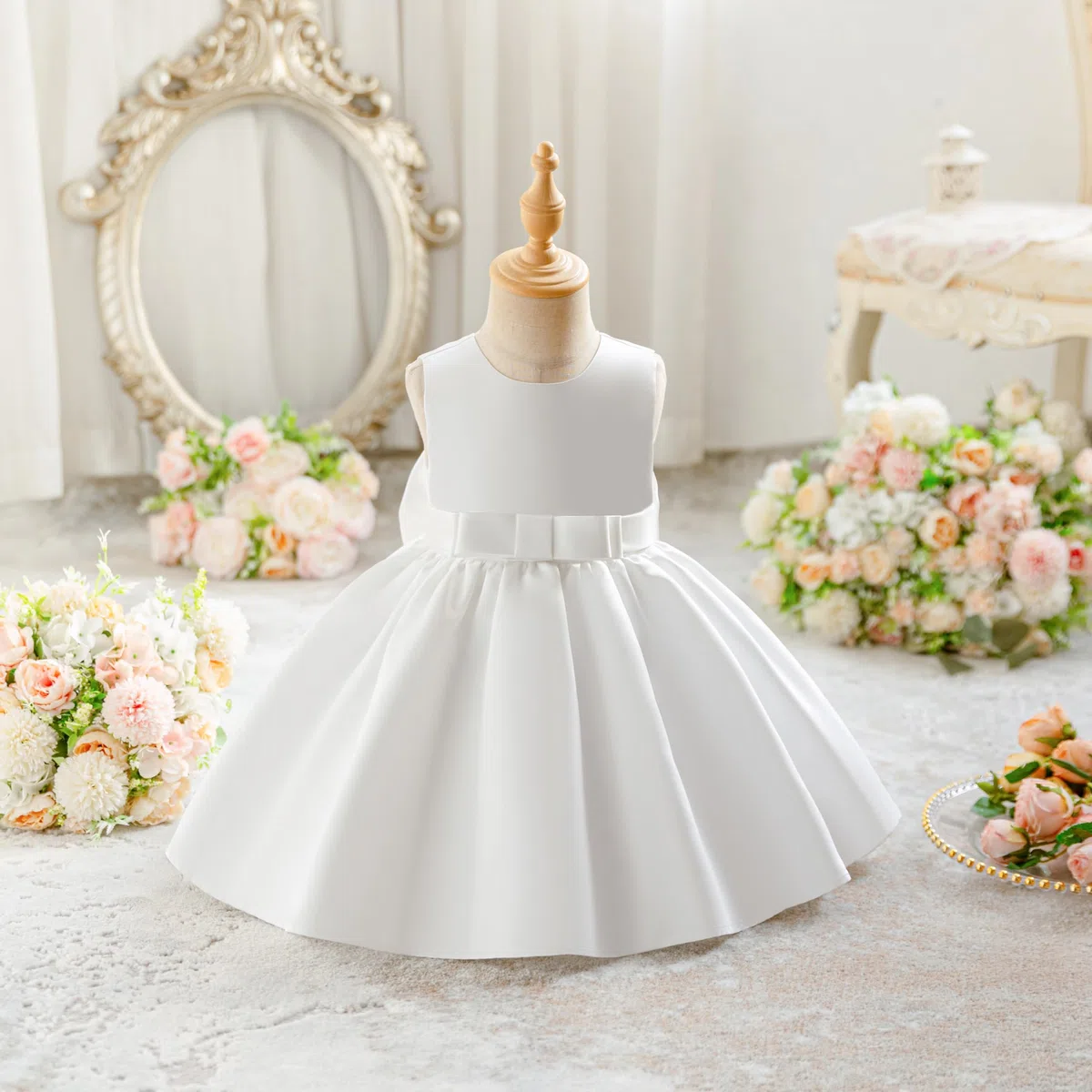 Miipat Abitini per Bambina Raso Abito da Fiorella Matrimonio, Nodo a Fiocco Schiena a V Principessa Formale Vestito Compleanno Abiti Bambine Abito da Battesimo per Ragazze 6 Mesi-4 Anni