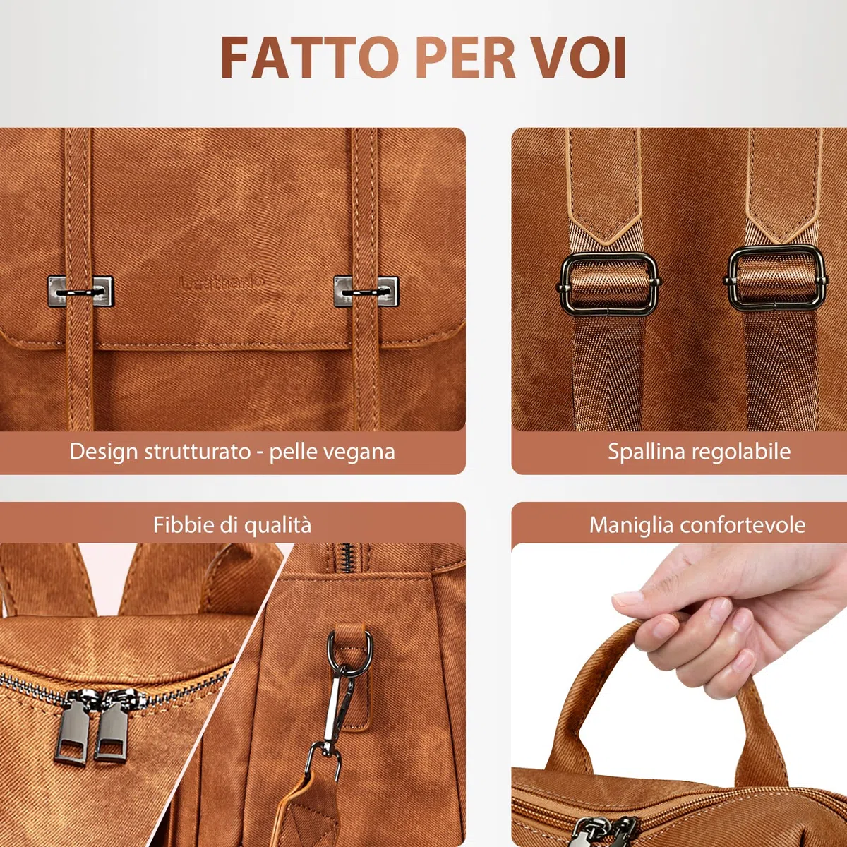 Leathario Zaino Donna in Pelle Vegana Impermeabile Antifurto,Borsa Elegante 3-in-1,Zaino da Lavoro, Viaggio e Uso Quotidiano(Marrone Smerigliato)