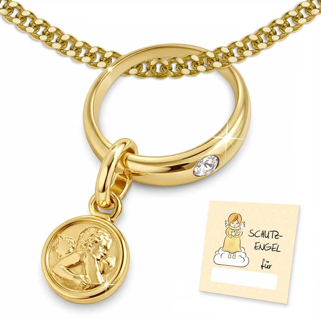 Clever Schmuck - Collana per battesimo in oro con angelo custode e anello bianco, catenina a maglie da 36 cm in argento sterling dorato 925, in una confezione per il battesimo