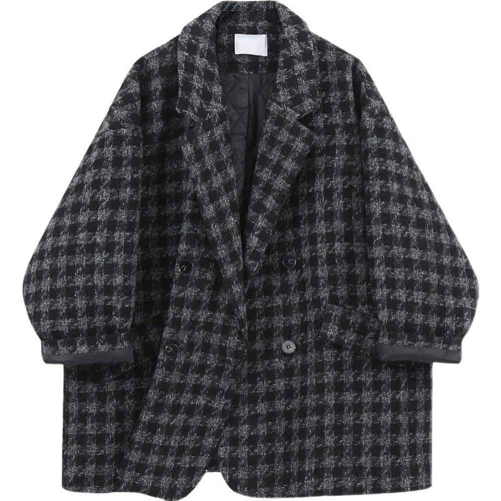 Cappotto in lana scozzese trapuntato caldo da Donna autunno/inverno con tasche spesso ampio doppiopetto lunghezza media