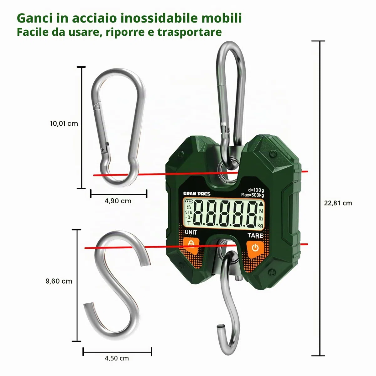 GRAM PRES Bilancia sospesa digitale 660LB/300KG, mini bilancia portatile per caccia ai cervi, digitale per bagagli con ganci