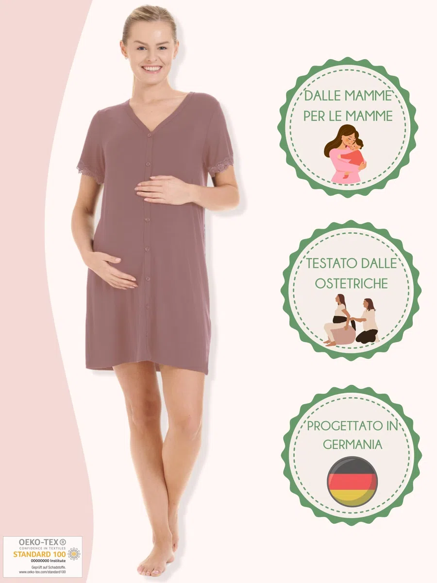 Herzmutter Camicia da Notte premanan - per Allattamento - Bottoni Davanti - Camicie da Notte Post-Parto - Ospedale-Gravidanza - Manica Corta-Pizzo - 2850
