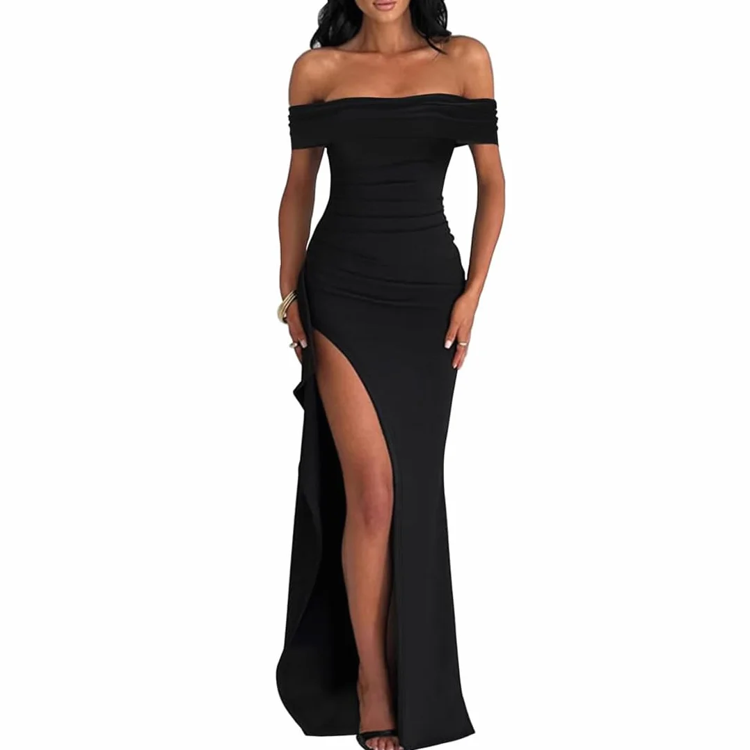 Abiti da Sera Vestito Cocktail da Donna Sexy Spalle Scoperte Maxi Abito Donna Vestiti da Cerimonia Abito con Spacco Elegante Sottile Vestito Festa Moda Lungo Vestiti Partito Banchetto