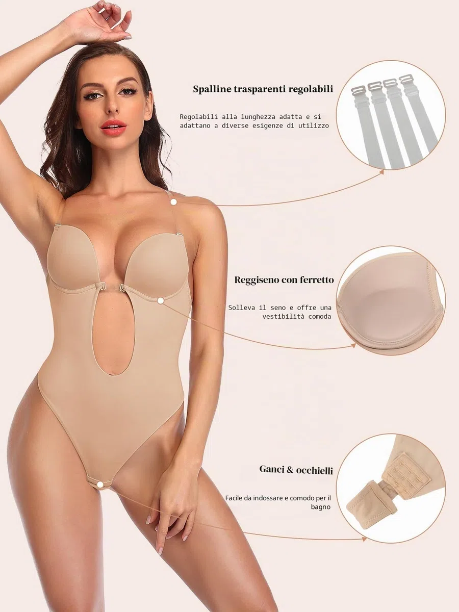 SHAPERIN Body Modellante Donna Senza Schienale Invisible Body con Reggiseno Push Up Bodysuit Shapewear Perizoma