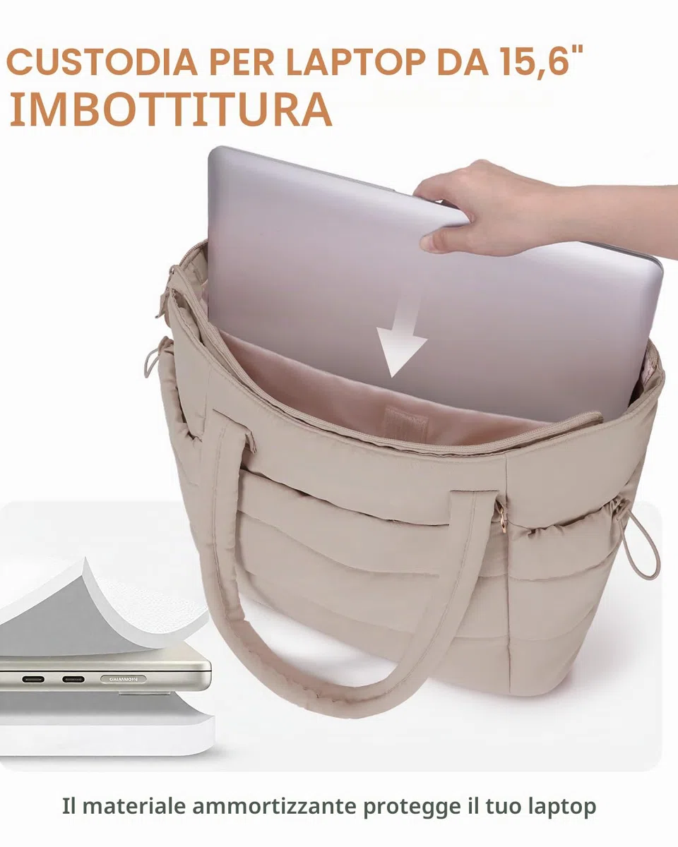 Borsa Tote Donna 2 Pezzi Puffer con Cerniera, Capiente per Laptop 15,6 Pollici & Tasca Porta Borraccia 40oz (1,18L), Borsa per Lavoro Università Viaggi e Shopping (Modello con Brevetto)