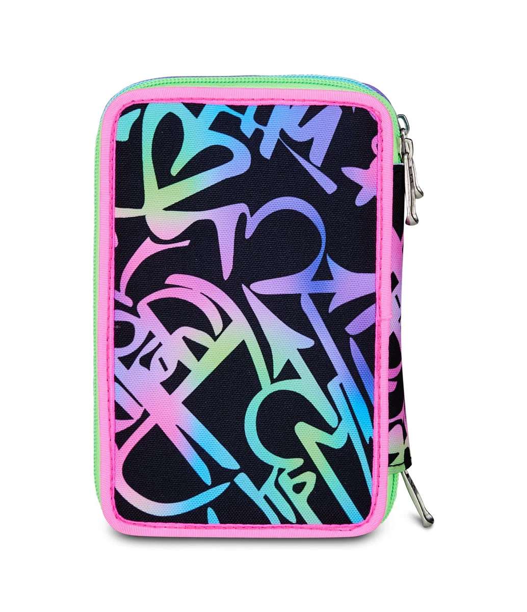 Seven Astuccio Scuola Elementare, 3 scomparti, Medie, con Matite, Pennarelli, Penne, 3 Zip, Sprinkling, Bambina e Ragazza, blu/viola