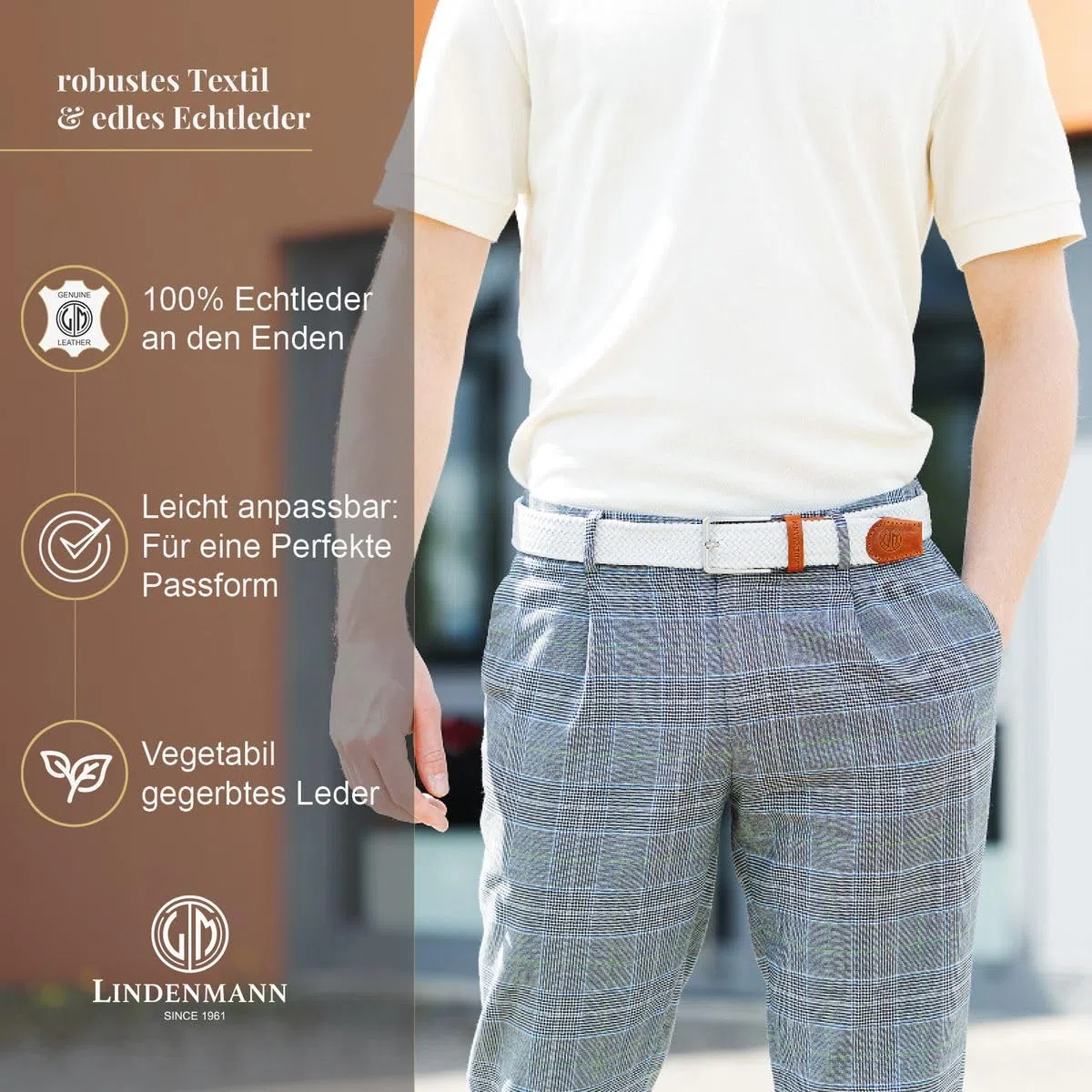Lindenmann Cintura elasticizzata da uomo, cintura intrecciata in tessuto per il golf, bianca