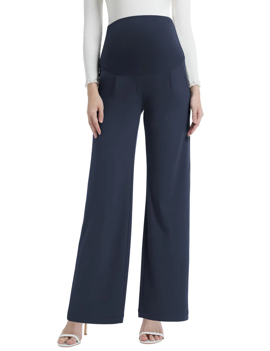 Pantaloni premaman da donna a gamba larga, a vita alta, elasticizzati, per ufficio, lavoro, lounge con tasche