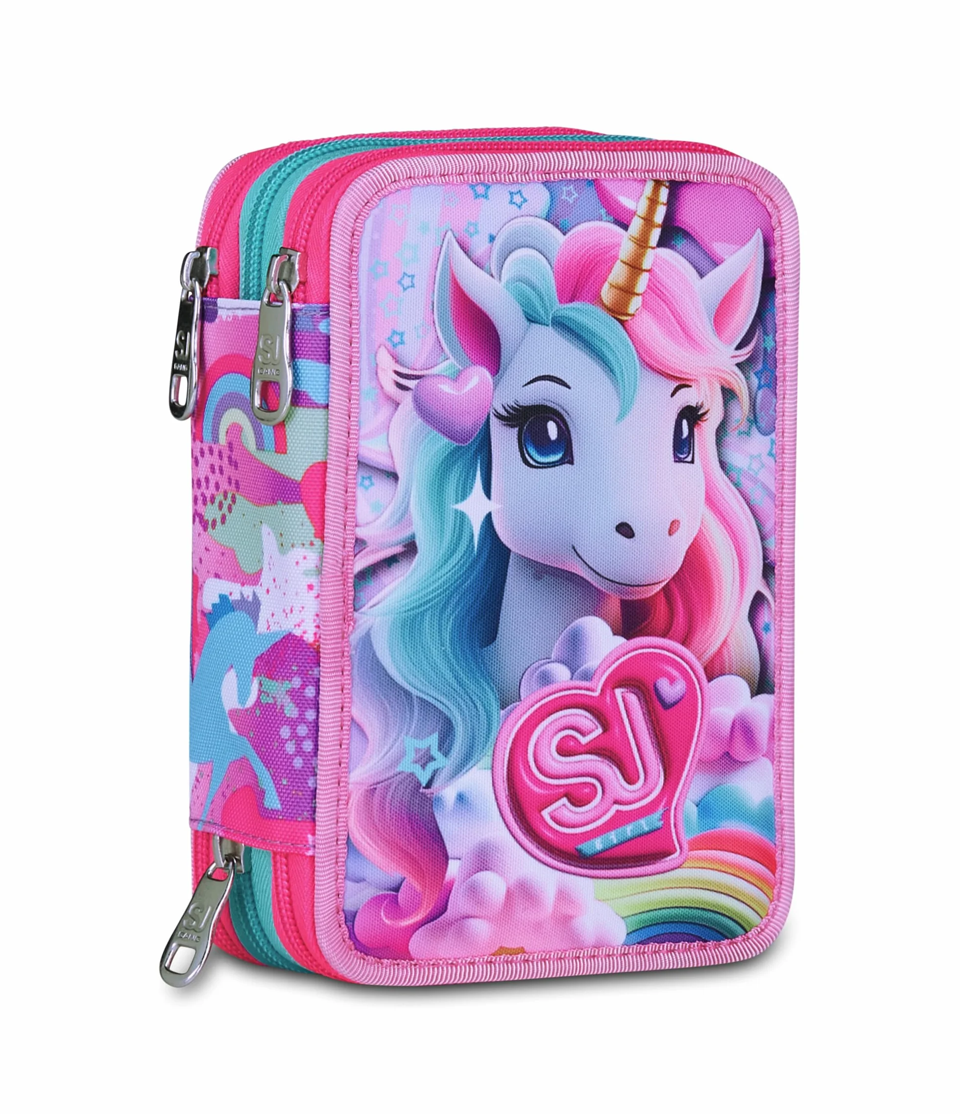 SJ GANG STYLE JAM GANG Astuccio Scuola 3 Zip, Rosa, Portapenne Triplo Scomparto Completo Di Penne, Matite, Colori, Accessori Zaino, Scuole Elementari, Bambina