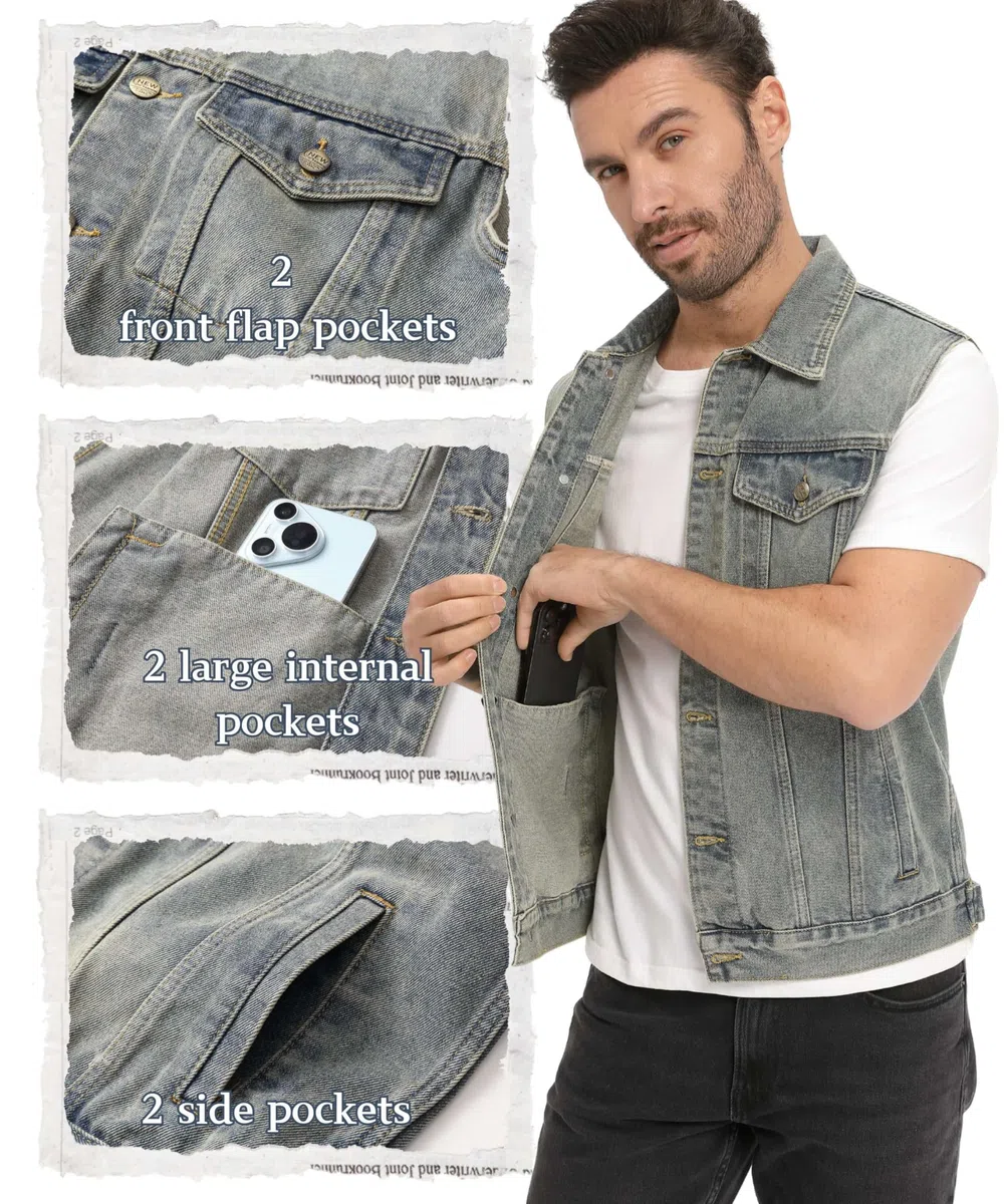 Uomo Retro Vintage Denim Gilet Cotone Jeans Capispalla Smanicato di Jeans da Moto Casual Cowboy Gilet Multi Tasca Punk Gilets