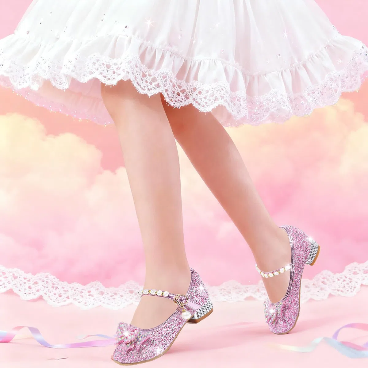 Scarpe Principessa Bambina Glitterate Ballerine con Tacco Scarpe Cosplay Principessa con Paillettes Scarpe Eleganti Bambina per Cerimonia Festa Carnevale Halloween