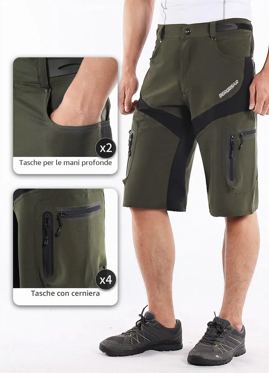 BERGRISAR Pantaloncini MTB Uomo Pantaloncini Ciclismo Bici Mountain Bike Pantaloni Shorts con Cerniera Tasche 1806BG