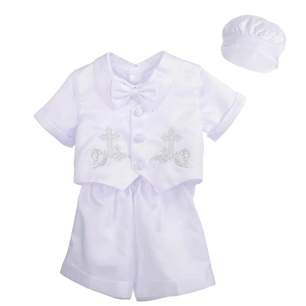 Lito Angels - Abito da Battesimo per Bimbo, Completo Bianco 4 Pezzi Set (Gilet, Camicia, Pantaloni, Papillon e Cappello), Manica Corta