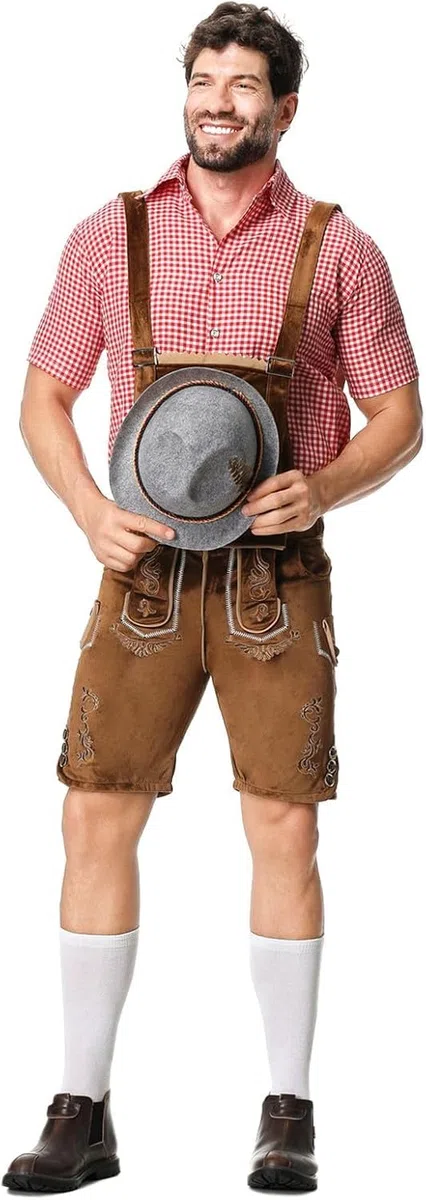 Lederhosen - Set costume da uomo per Oktoberfest, completo camicia tradizionale a quadri, salopette bavarese