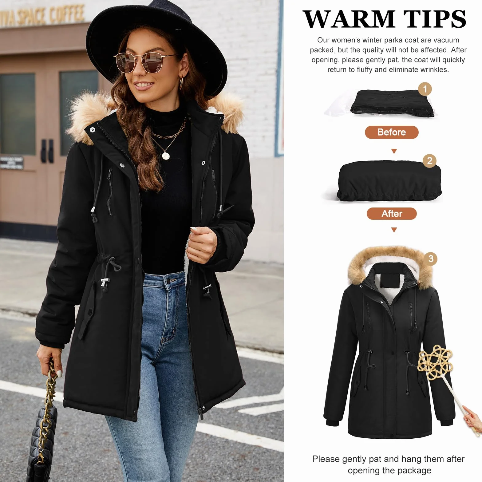 Nadeer Parka Donna Cappotti Invernali Foderato in Pile Giacca con Cappuccio in Pelliccia Sintetica Cappotto Imbottito Giubbotto con Tasche