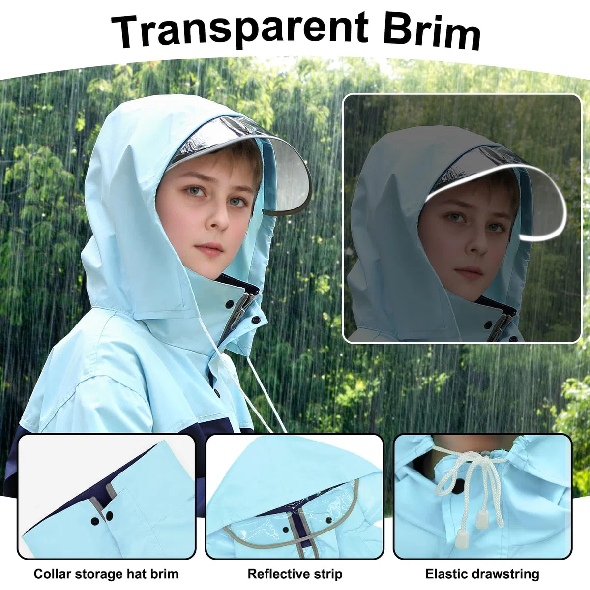 JinBei Tuta Impermeabile Ragazze Ragazzi, Leggero Tuta Pioggia con Cappuccio Bambina Pantaloni e Giacca Antipioggia Impermeabili Completo con Strisce Riflettenti per Scuola Camping 8-14 Anni