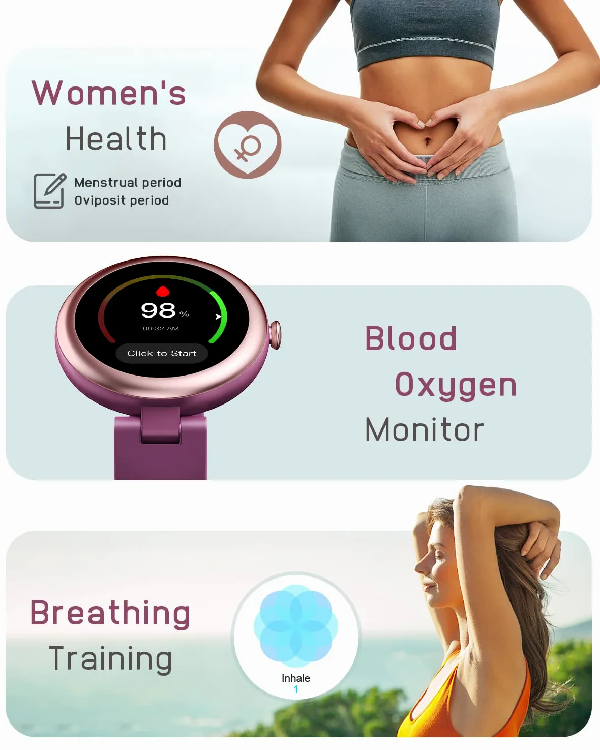 LYNN Smartwatch Donna Orologio Fitness Sportivo Smart Watch Tondo Quadrante Android iOS Activity Tracker Cardio SpO2 Impermeabile IP68 Sfondo Personalizzabile Ciclo Mestruale Timer Viola