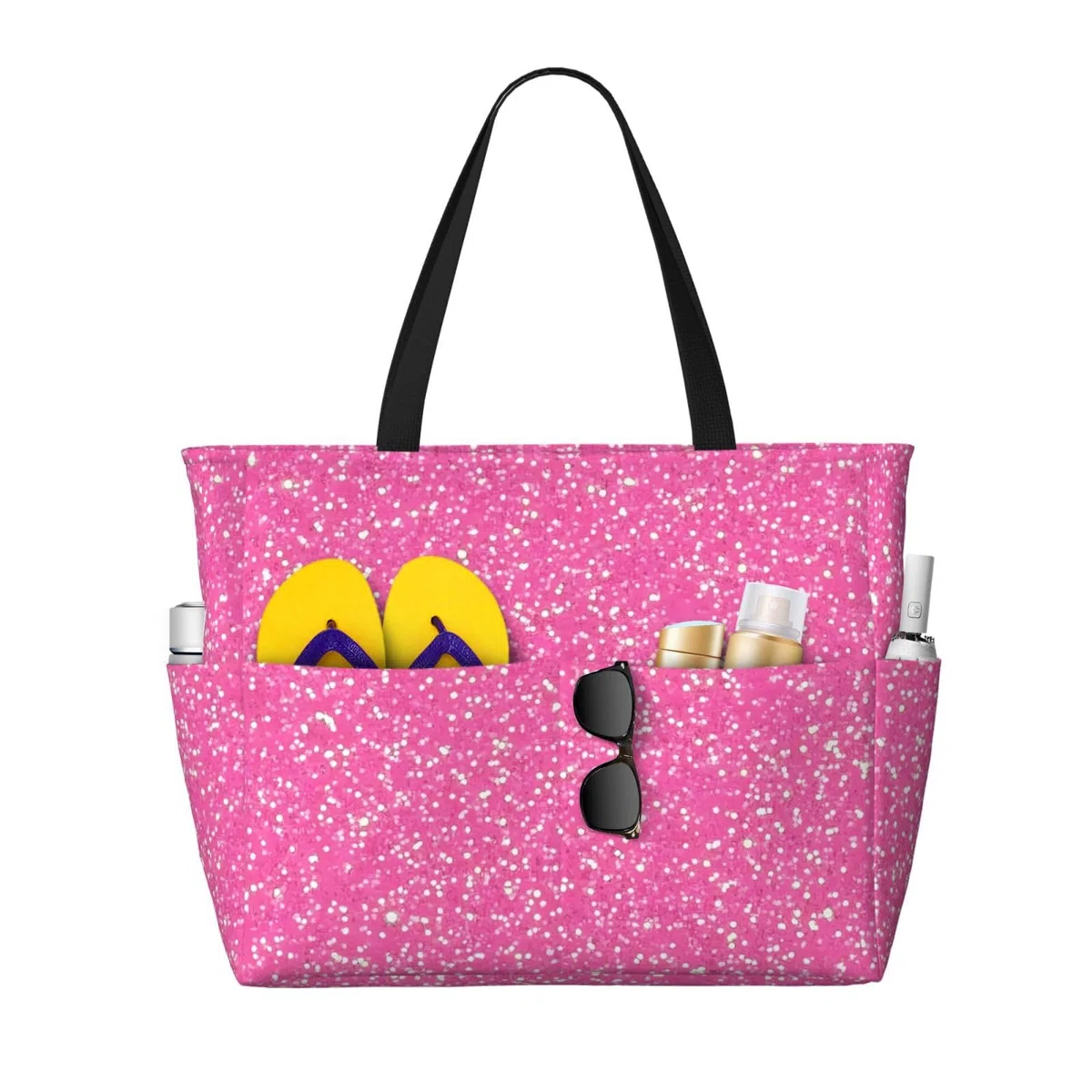 Borsa da spiaggia extra large con glitter rosa scintillante con tasche con cerniera, borsa impermeabile per piscina, picnic, palestra e viaggi