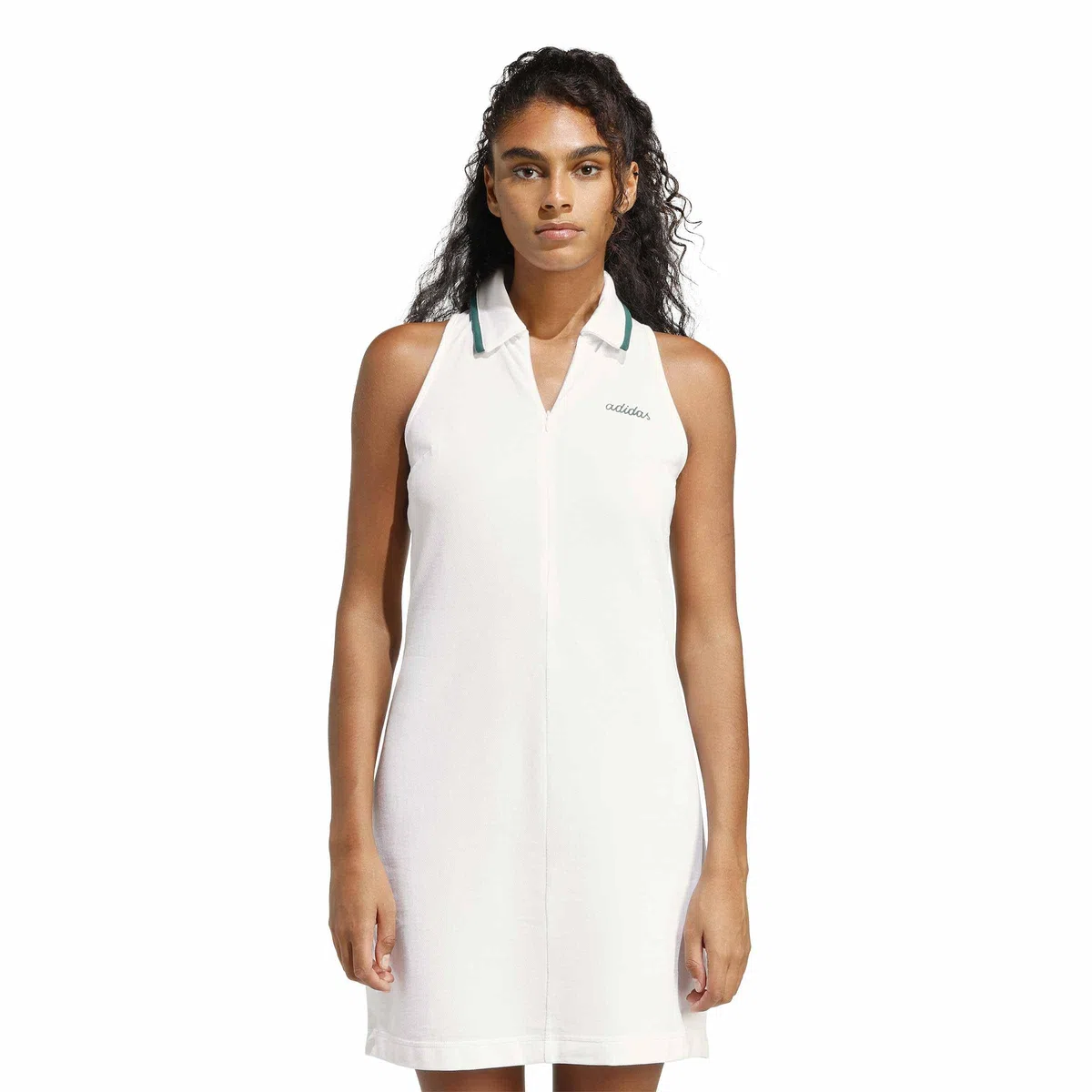 adidas Femme Seasonal Essentials Colorpop Dress with Embroidered Graphic, White/Collegiate Green, M