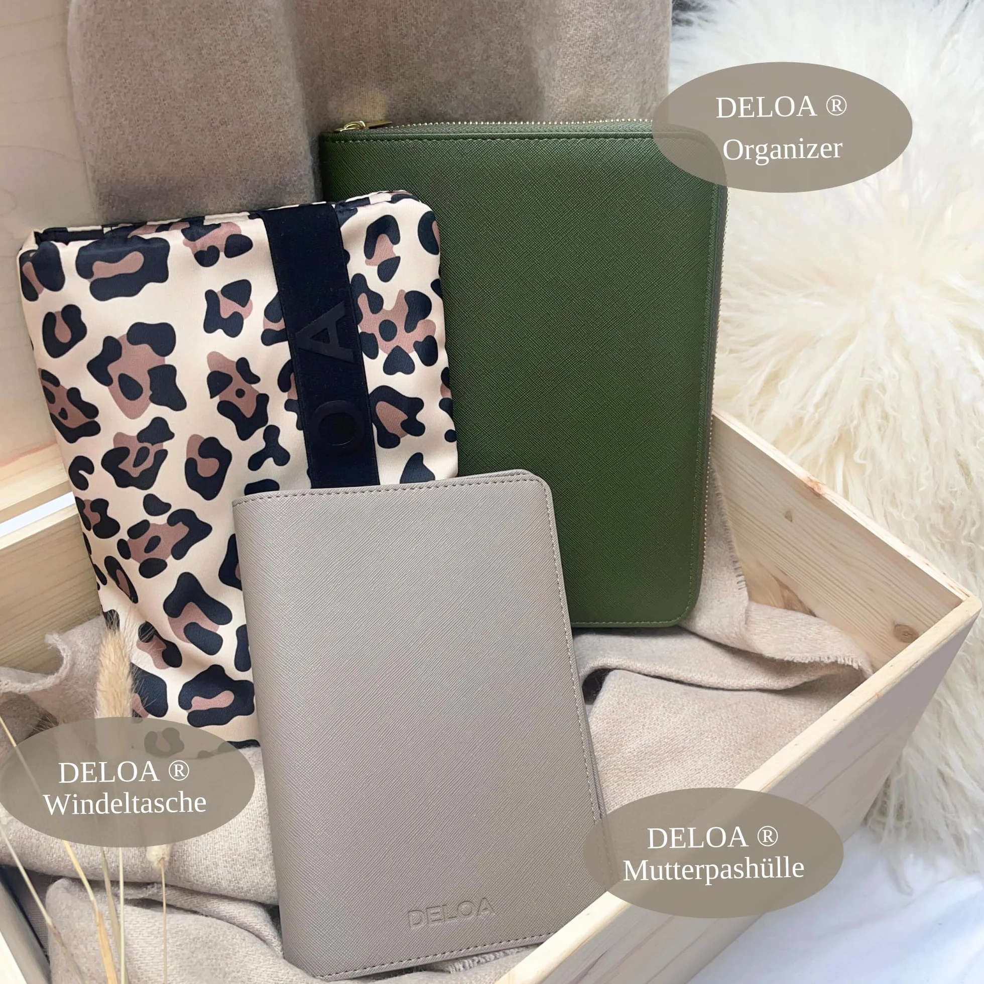 Organizer da viaggio e per famiglie, organizer per quaderni a U 3 in 1, con scomparto per passaporto e passaporto in ecopelle Saffiano, grigio/marrone, 24 cm, Classico