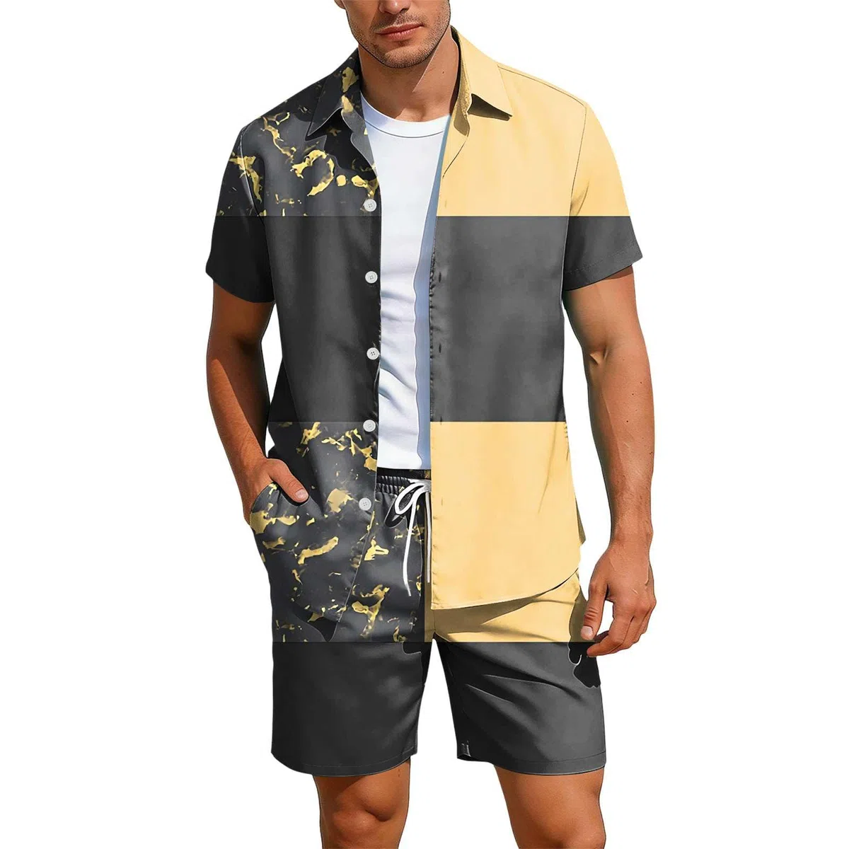 Generico Tuta Estiva Uomo - 2 Pezzi Completo Hawaiano Camicia e Pantaloncini Set Tropicale con Stampa Mare Vacanze Spiaggia Manica Corta Casual Leggero Traspirante