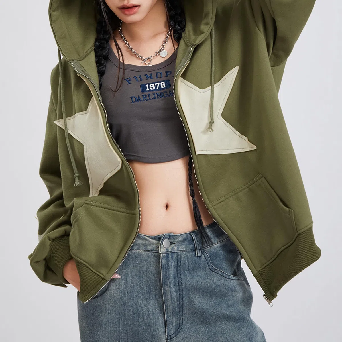 Felpa con cappuccio da donna Y2K con zip e stampa a stelle felpe oversize Fairy Grunge Graphic Giacca con cappuccio Harajuku Estetica E-Girls Streetwear