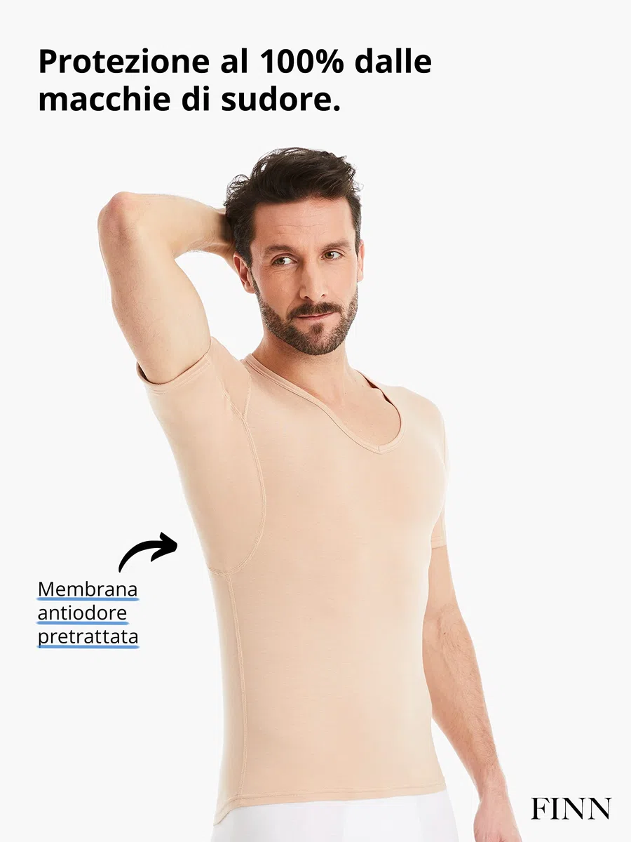 FINN Maglia Intima Anti-Sudore Uomo con Scollo a V e Assorbenti Ascellari Contro Sudorazione Eccessiva - Canottiera con Protezione Garantita Contro Macchie di Sudore e Cattivo Odore