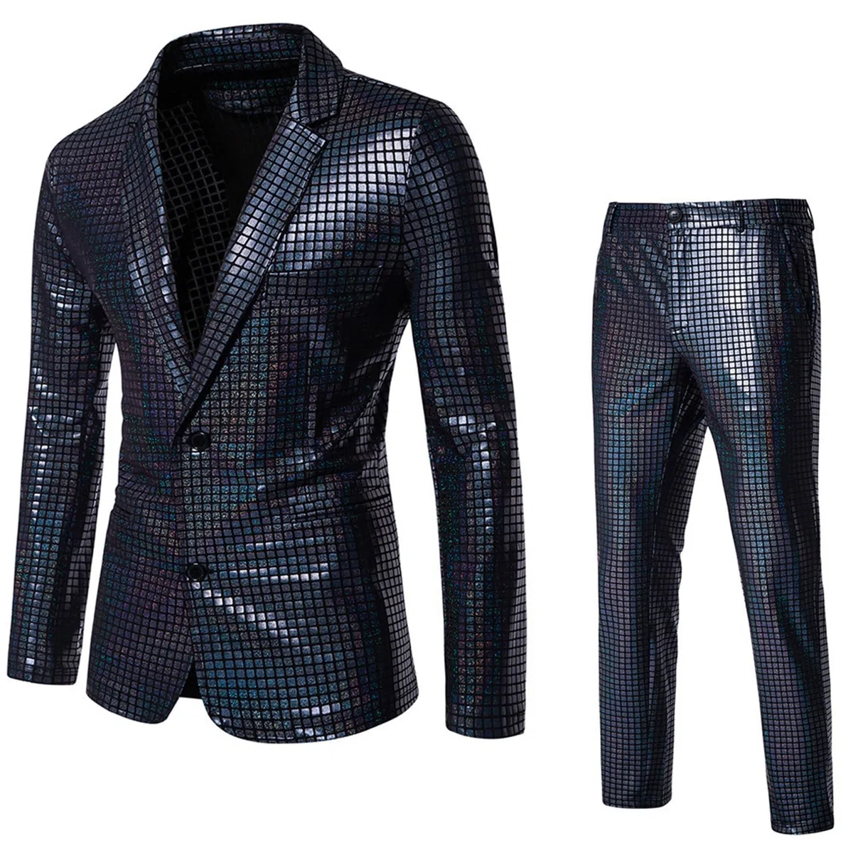 Tuta da uomo con paillettes metallizzate, 2 pezzi, per smoking, completo per ballo, set da uomo con glitter brillanti, palla da discoteca, carnevale