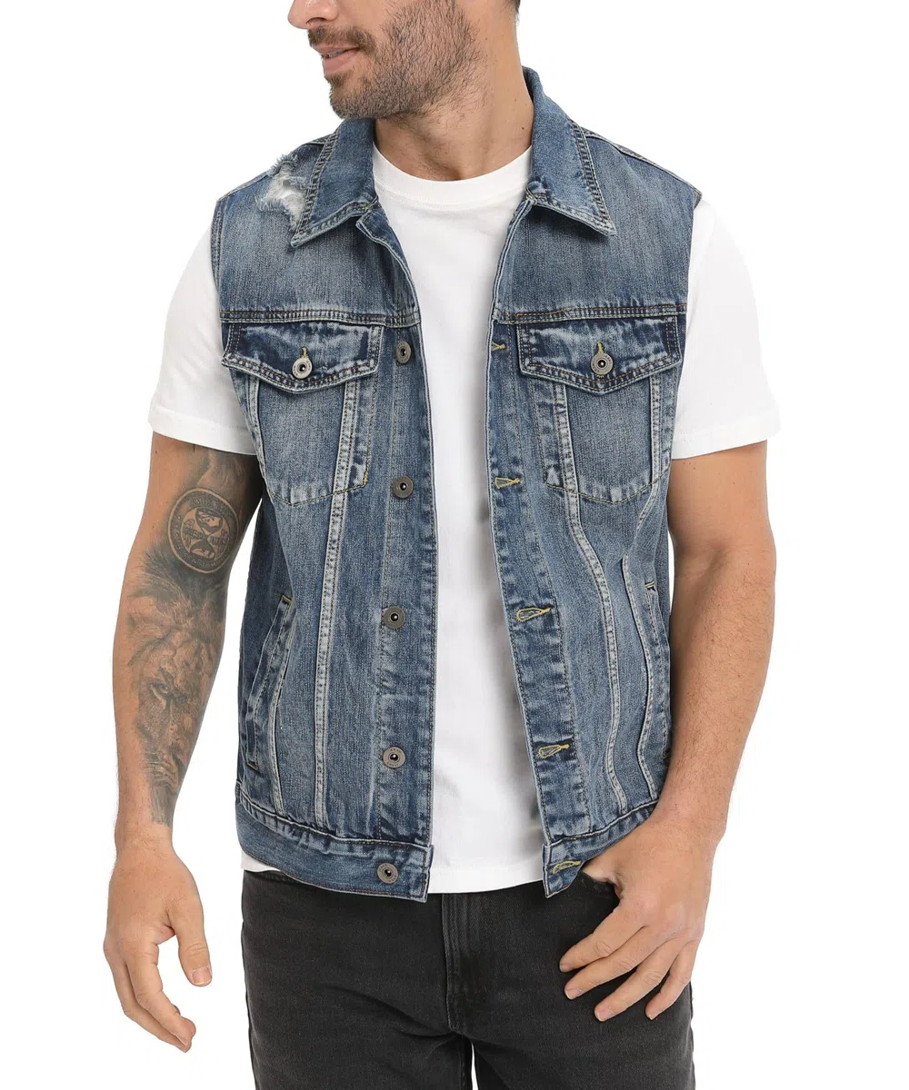 Gilet Smanicato in Jeans Uomo Gilet Vintage Strappato Denim Gilets Moto Cowboy Senza Maniche Casual Punk Biker Gilet