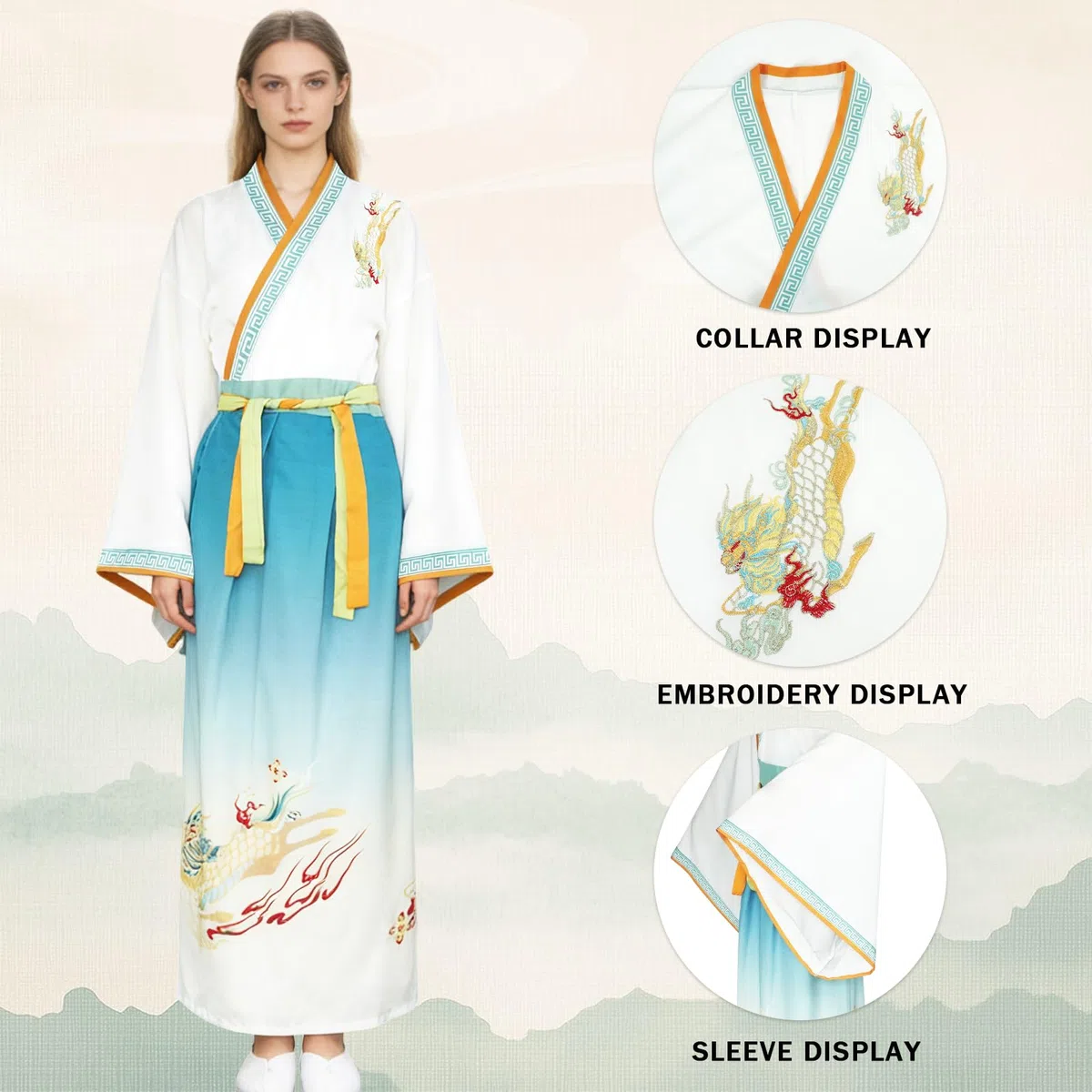 Cinese Hanfu Abito Donna, Set di Costumi Tradizionali Cinese, Manica Allentata Ricamato Hanfu per Orientale Cosplay Festa Quotidiana Spettacolo (con Accessori)