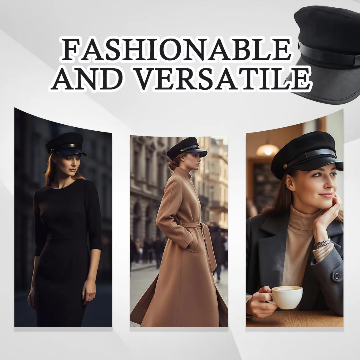 VASANA Nero Classico Vintage Newsboy Cap Peaked Beret Chauffeur Cappello Taxi Driver Costumi Capitano Sailor