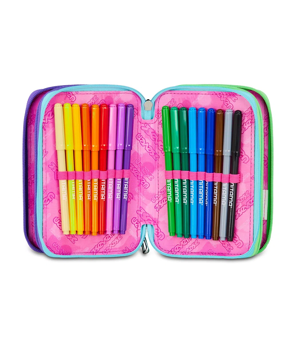 Seven Astuccio Scuola Elementare, 3 scomparti, Medie, con Matite, Pennarelli, Penne, 3 Zip, Sprinkling, Bambina e Ragazza, blu/viola