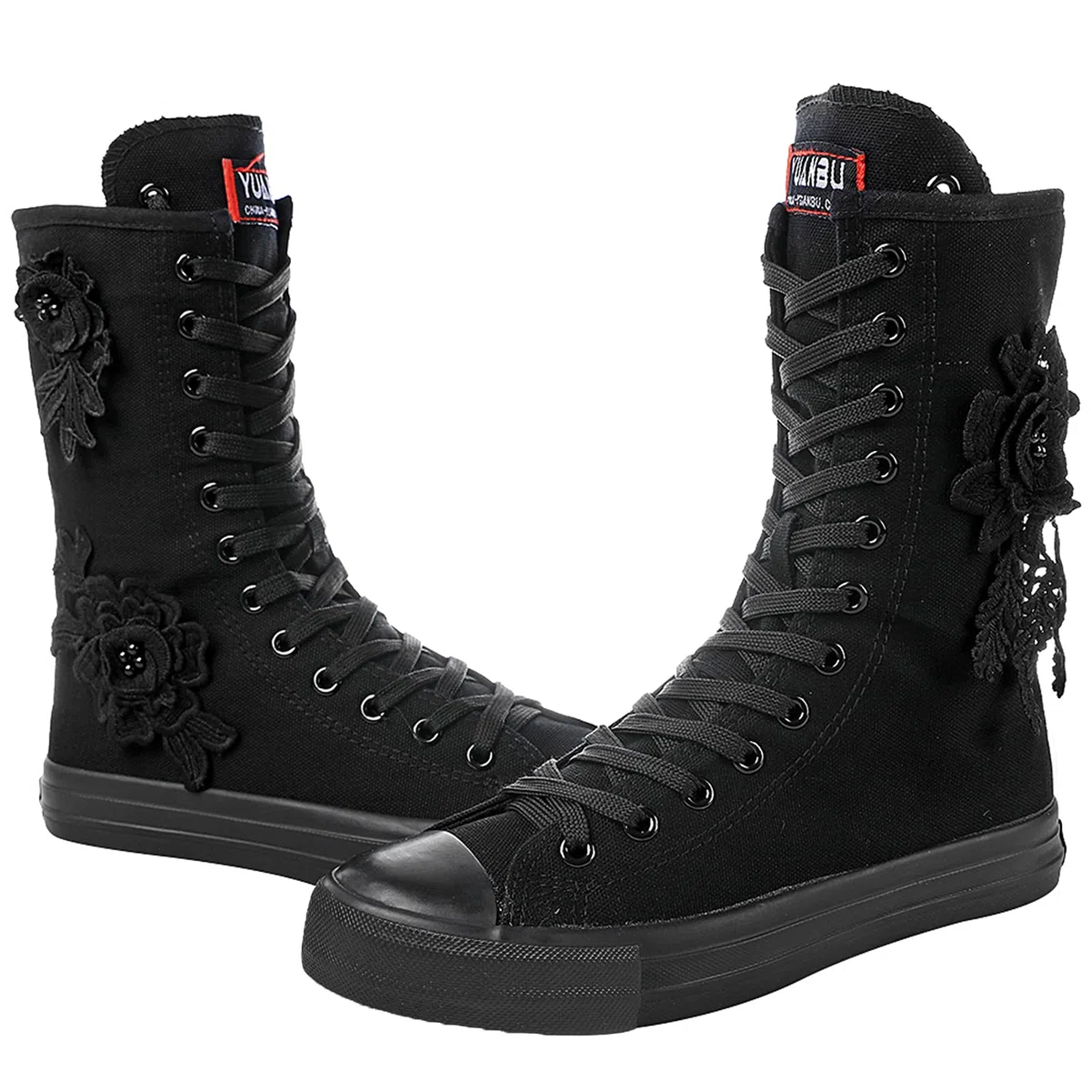 rismart Donna Tela Stivali Metà Polpaccio Floreale High Tops Stringate Scarpe