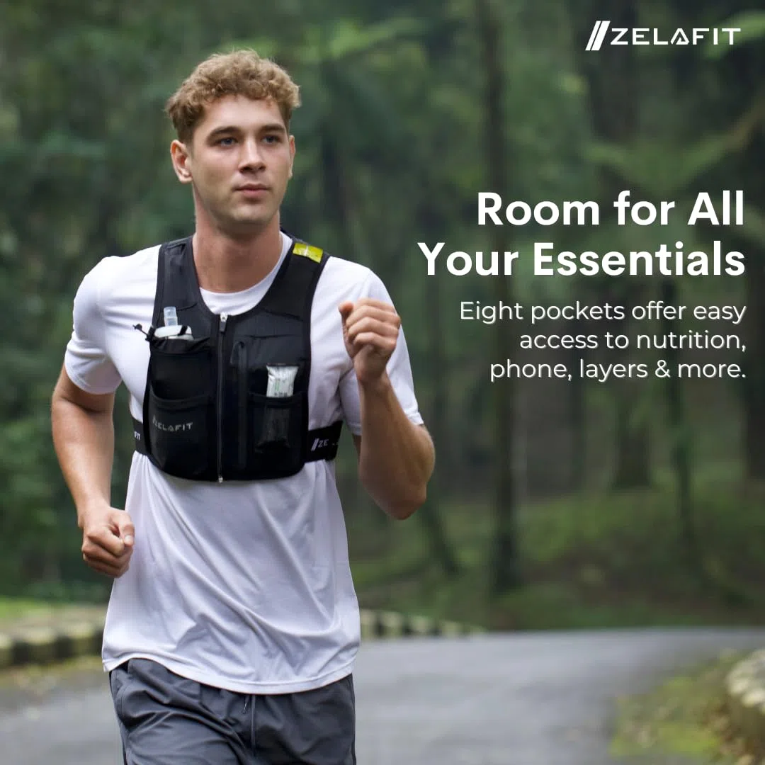 ZelaFit® Running Vest with Rechargeable LEDs & Micro USB Charging Cables, Water Bottle and Straw - Reflective Hydration Vest with 8 Pockets - Running Backpack Alternative in 2 Sizes - Men & Women