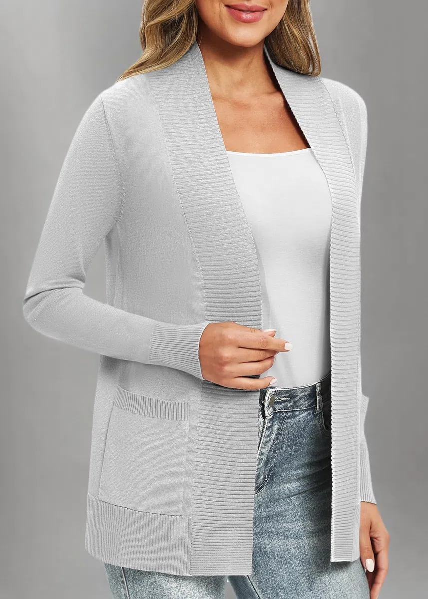 EXCHIC Donna Casuale Manica Lunga Lavorare a Maglia Cardigan Leggero Comodo Fronte Aperto Maglioni Lunghi con Tasche